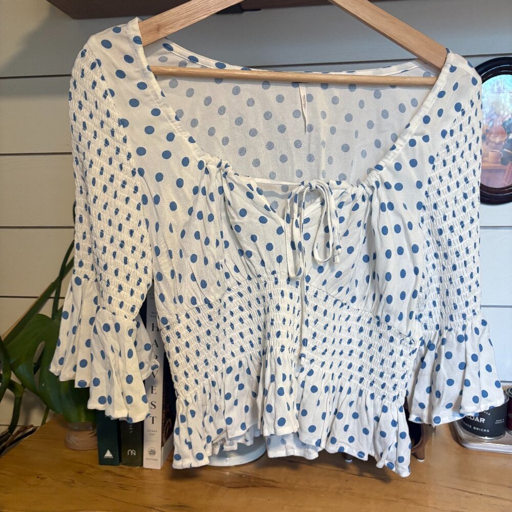 Free People polka dot peplum top in a soft blue + ivory 🤍 small